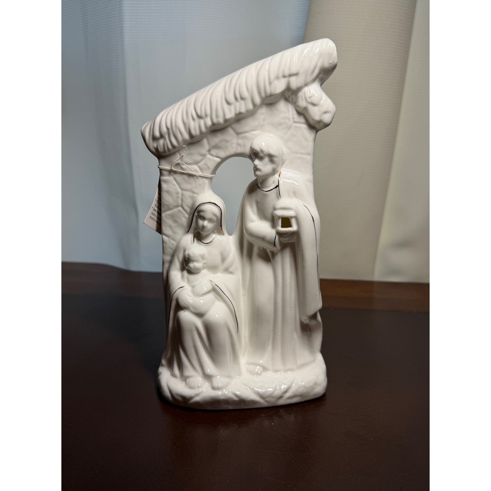 White Ceramic Light Up Nativity Scene Figurine Holy Family Gold Accents 9.5 Inch